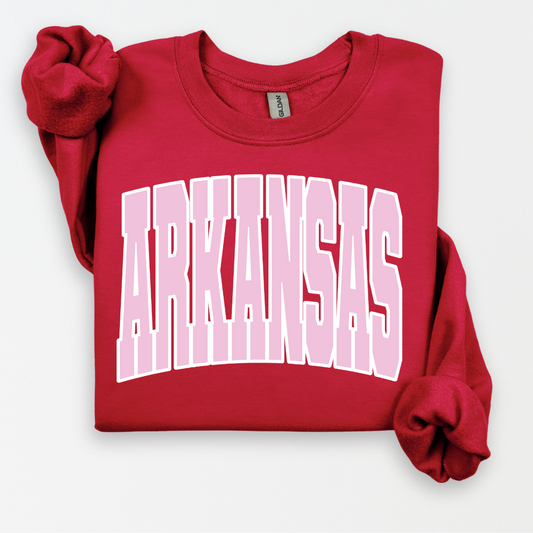 Arkansas Pink & White Arch Varsity Crew Neck Adult