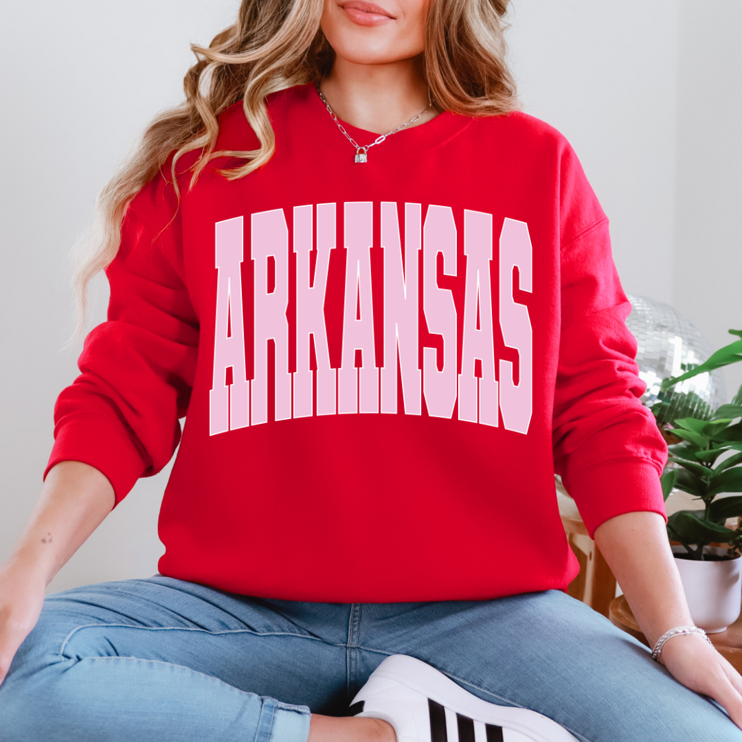 Arkansas Pink & White Arch Varsity Crew Neck Adult