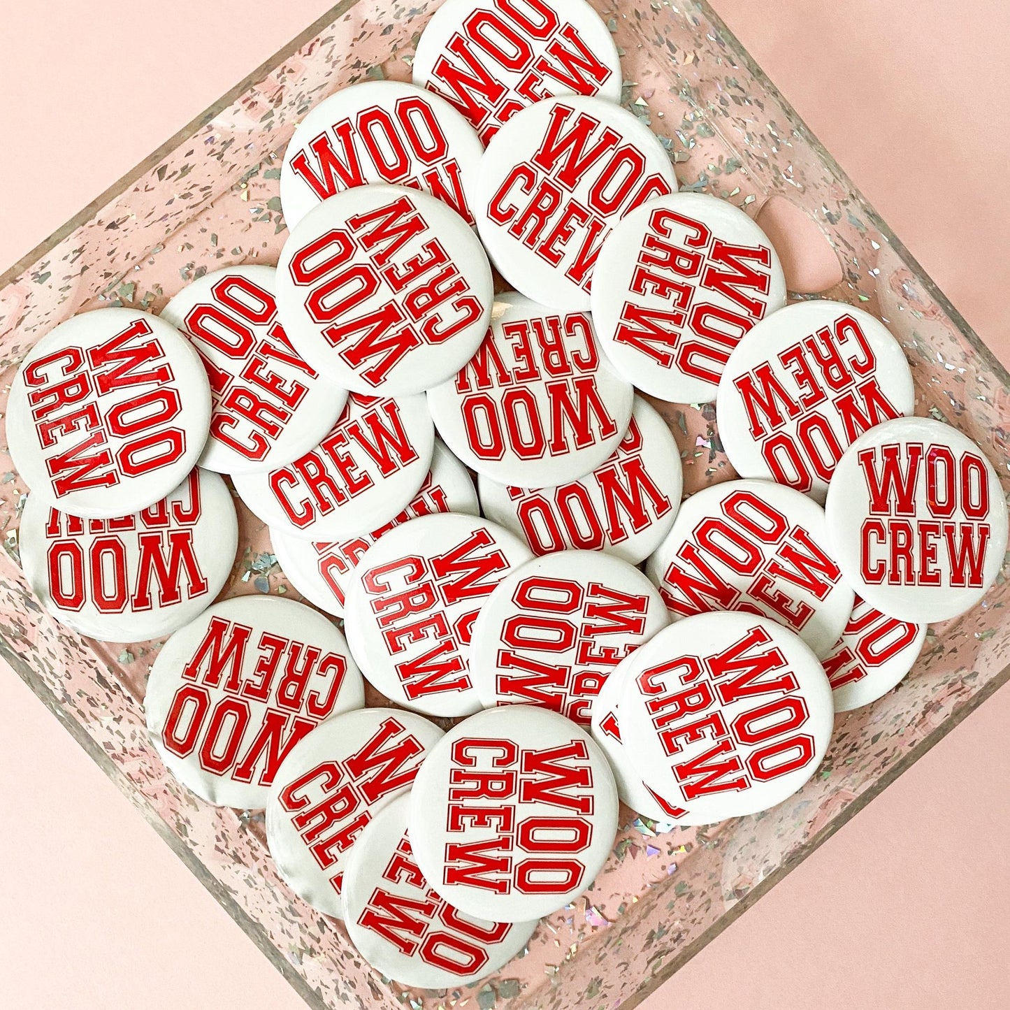 White Woo Crew Button Pin