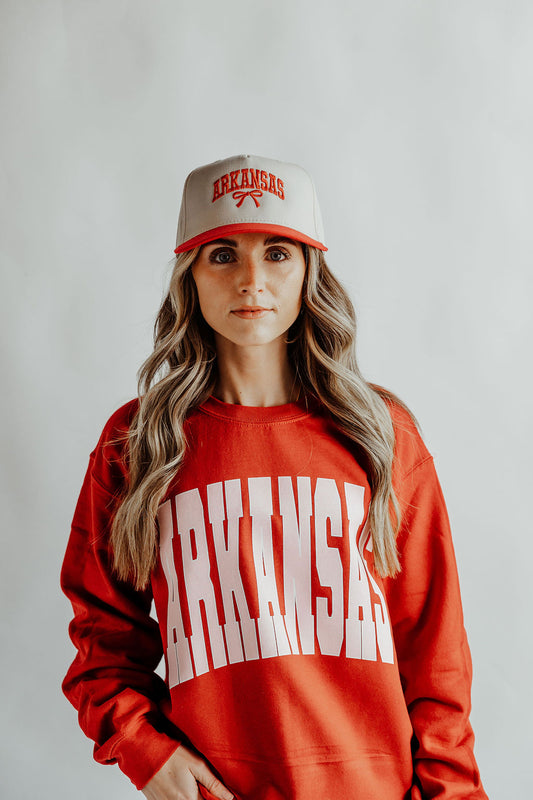 Arkansas Pink & White Arch Varsity Crew Neck Adult